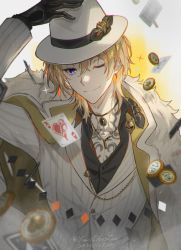 1boy, black gloves, blonde hair, blue eyes, card, chest tattoo, coat, coin, commentary, dated, english commentary, fedora, formal, fur-trimmed coat, fur trim, gloves, hat, jewelry, looking at viewer, luca kaneshiro, male focus, necklace, nijisanji, nijisanji en, one eye closed, playing card, short hair, signature, simple background, skull brooch, smile, solo, sparkle, striped suit, suit, tattoo, virtual youtuber, white background, white coat, white headwear, white suit, youmicitrustea