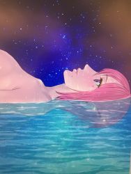Rule 34 | 1girl, breasts, chiho johansson, gigant, highres, large breasts, lying, night, night sky, nude, official art, pink hair, purple eyes, sky, solo, water
