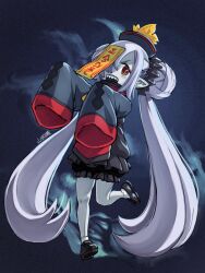 colored_skin death_princess_(disgaea) disgaea double_bun full_body grey_hair grey_skin hair_bun hat highres jiangshi long_hair long_sleeves looking_at_viewer makai_senki_disgaea_7 ofuda open_mouth orange_eyes pointy_ears qingdai_guanmao ringed_eyes sharp_teeth sleeves_past_fingers sleeves_past_wrists smile standing standing_on_one_leg teeth twintails very_long_hair yamada_satou_(sa10yamada) zombie_maiden_(disgaea)