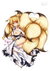 Rule 34 | 1girl, 3:, alternate costume, animal ears, blonde hair, blush, breasts, commentary request, covering privates, covering breasts, dated, enmaided, flower, fox ears, fox tail, frown, gloves, highres, kayou (sennen sensou aigis), large breasts, long hair, looking at viewer, maid, minaha (playjoe2005), mole, mole on breast, multiple tails, petals, purple eyes, sennen sensou aigis, shoes, unworn shoes, simple background, solo, tail, thighhighs, torn clothes, torn gloves, torn thighhighs, white background, white thighhighs