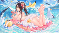 Rule 34 | 1girl, animal, anniversary, atdan, azur lane, back, backless dress, backless outfit, banana boat, bare shoulders, barefoot, bird, breasts, brown hair, chick, cloud, commentary, day, dress, feet, flower, hair flower, hair ornament, halter dress, halterneck, hiei (azur lane), hiei (beauty of the white sands) (azur lane), holding, inflatable raft, innertube, large breasts, legs up, long hair, looking at viewer, looking back, lying, manjuu (azur lane), ocean, on stomach, outdoors, parfait, ponytail, revision, seagull, short dress, signature, sky, sleeveless, sleeveless dress, solo, spaghetti strap, sunglasses, swim ring, the pose, thighs, towel, water, waves, white dress, yellow eyes