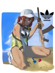 Rule 34 | 1girl, adidas, alternate costume, baseball cap, beach, blue sky, breasts, day, girls&#039; frontline, gun, hat, highres, hong doo jv, logo, medium breasts, one-piece swimsuit, ponytail, red hair, saiga-12, saiga-12 (girls&#039; frontline), sand castle, sand sculpture, shoes, shotgun, sky, sneakers, socks, solo, swimsuit, twintails, weapon, yellow eyes