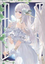 Rule 34 | 1girl, absurdres, angel wings, au ra, blush, breasts, dress, feathered wings, final fantasy, final fantasy xiv, flower, hair flower, hair ornament, heterochromia, highres, holding, holding flower, horns, long hair, looking at viewer, looking to the side, medium breasts, off-shoulder dress, off shoulder, purple eyes, red eyes, see-through, smile, solo, warrior of light (ff14), white dress, white hair, window, wings, yana mori