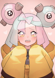 Rule 34 | 1girl, absurdres, blush, character hair ornament, commentary request, creatures (company), crying, eyelashes, game freak, grey shirt, hair ornament, hands up, heart, highres, iono (pokemon), jacket, katsu (katsupainter), looking at viewer, multicolored hair, nintendo, open mouth, pink background, pink eyes, pokemon, pokemon sv, raised eyebrows, shirt, solo, tears, teeth, two-tone hair, upper body, upper teeth only, yellow jacket
