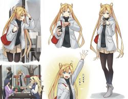 Rule 34 | 1boy, 3girls, abukuma (kancolle), alternate costume, black jacket, black legwear, blonde hair, blue eyes, cafe, character request, coat, coffee, coffee cup, cup, disposable cup, double bun, food, full body, gambier bay (kancolle), grey jacket, hair between eyes, hair rings, hairband, highres, jacket, kantai collection, long hair, long sleeves, miniskirt, multiple girls, negahami, pantyhose, pleated skirt, simple background, sitting, skirt, table, tree, twintails, ushio (kancolle), white background