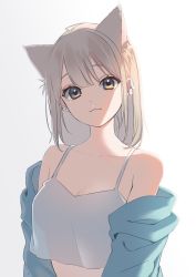 Rule 34 | 1girl, :3, absurdres, animal ears, bare shoulders, blue jacket, borrowed character, breasts, camisole, cat ears, commentary request, crop top, ear piercing, grey eyes, grey hair, highres, jacket, long sleeves, looking at viewer, medium breasts, medium hair, off shoulder, open clothes, open jacket, original, piercing, simple background, solo, upper body, uu3cm, white background