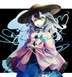 Rule 34 | 1girl, black hat, buttons, closed mouth, collared shirt, diamond button, frilled shirt collar, frilled sleeves, frills, gorilla (bun0615), green eyes, green hair, green skirt, hair between eyes, hat, hat ribbon, heart, heart of string, highres, koishi day, komeiji koishi, long hair, ribbon, shirt, skirt, sleeves past fingers, sleeves past wrists, smile, solo, touhou, upper body, wide sleeves, yellow ribbon, yellow shirt