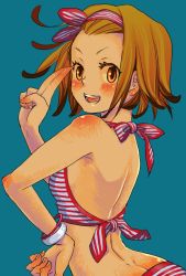 Rule 34 | 1girl, bikini, bracelet, brown eyes, brown hair, hairband, hand on own hip, jewelry, k-on!, looking at viewer, open mouth, round teeth, short hair, simple background, smile, solo, swimsuit, tacomi, tainaka ritsu, teeth