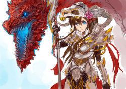 Rule 34 | 1girl, armor, belt, blue eyes, breastplate, brown hair, closed mouth, cowboy shot, creature, dragon, flower, hair flower, hair ornament, knight, lance, long hair, looking at viewer, monster, original, polearm, red ribbon, ribbon, rose, shinigami wyvern, simple background, teeth, weapon, white background, wyvern
