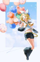 Rule 34 | 1girl, :d, absurdres, balloon, belt, black footwear, black gloves, black shorts, black sleeves, blonde hair, bow, bow hairband, chassis2000, collared shirt, detached sleeves, full body, gloves, green eyes, grey sailor collar, hair bow, hair ornament, hairband, hairclip, headphones, headset, highres, kagamine rin, leg warmers, long sleeves, medium hair, microphone, midriff, navel, neckerchief, open mouth, parted bangs, sailor collar, sailor shirt, shirt, short shorts, shorts, sleeveless, sleeveless shirt, smile, solo, stomach, vocaloid, white bow, white hairband, white shirt, yellow neckerchief