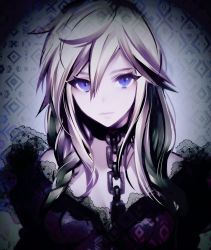 Rule 34 | 1girl, bad id, bad twitter id, blue eyes, chain, close-up, closed mouth, collar, dress, expressionless, hair between eyes, long hair, looking at viewer, maruchi, purple dress, solo, white hair