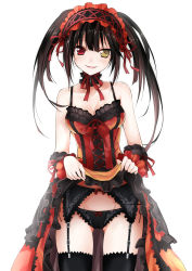 Rule 34 | 10s, 1girl, bare shoulders, black panties, black thighhighs, blush, bow, bow panties, breasts, choker, cleavage, clock eyes, clothes lift, date a live, dress, dress lift, garter belt, garter straps, hairband, heterochromia, highres, lolita fashion, lolita hairband, long hair, looking at viewer, panties, qiuzhi huiyi, red eyes, side-tie panties, simple background, smile, solo, symbol-shaped pupils, thighhighs, tokisaki kurumi, twintails, underwear, white background, wrist cuffs, yellow eyes