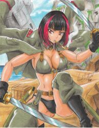 Rule 34 | 1girl, 2020, absurdres, armpits, belt, belt buckle, black hair, blunt bangs, boots, box, bra, breasts, buckle, cleavage, coat, day, female focus, gloves, gluteal fold, highres, holding, holding sword, holding weapon, jin (metal slug), large breasts, metal slug, metal slug attack, midriff, military, military coat, multicolored hair, ocean, pantyhose, ravernclouk design, red eyes, red hair, sand, short hair, sky, smoking, smoking pipe, snk, solo, sword, traditional media, two-tone hair, underwear, weapon