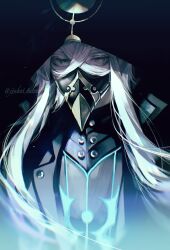 Rule 34 | 1boy, asclepius (fate), black background, black jacket, black mask, close-up, commentary, covered mouth, crossed bangs, fate/grand order, fate (series), green eyes, highres, hood, hood up, hooded jacket, jacket, koshika rina, long hair, long sleeves, looking at viewer, male focus, mask, mouth mask, profile, simple background, solo, twitter username, upper body, white hair
