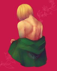 Rule 34 | 1boy, androgynous, armin arlert, back, back focus, blonde hair, chromatic aberration, eunnieboo, from behind, jacket, looking down, male focus, red background, scar, shingeki no kyojin, solo, undressing, upper body