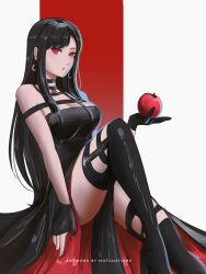 Rule 34 | 1girl, absurdres, apple, artist name, asymmetrical bangs, bare shoulders, black dress, black footwear, black gloves, black hair, boots, breasts, cleavage, commentary, cosplay, crescent, crescent earrings, dress, drop earrings, earrings, english commentary, final fantasy, final fantasy vii, food, fruit, gloves, grey background, hand up, high heel boots, high heels, highres, holding, holding food, holding fruit, invisible chair, jewelry, knee up, large breasts, long dress, long hair, looking at viewer, notgustiarp, open mouth, partially fingerless gloves, red background, red eyes, sitting, solo, spy x family, straight hair, thigh boots, tifa lockhart, two-tone background, yor briar, yor briar (cosplay)