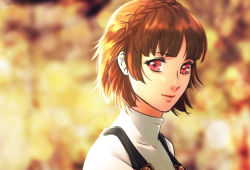 Rule 34 | 1girl, blurry, blurry background, braid, brown hair, closed mouth, crown braid, esther shen, looking at viewer, niijima makoto, persona, persona 5, portrait, red eyes, short hair, smile, solo, turtleneck