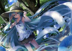 Rule 34 | 1girl, absurdly long hair, absurdres, aqua eyes, aqua hair, armpits, arms up, bow, cloud, cloudy sky, collarbone, daidou (demitasse), flower, frilled skirt, frills, hair between eyes, hair bow, hat, hat bow, hatsune miku, highres, holding, holding clothes, holding hat, leaf, long hair, looking at viewer, nature, open mouth, outdoors, sailor collar, skirt, sky, sleeveless, smile, solo, stairs, straw hat, sweat, tree, twintails, very long hair, vocaloid, wind