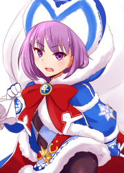 Rule 34 | 1girl, ankh, badge, beanie, black pantyhose, blue coat, blue dress, blue gloves, blue hat, bow, breasts, coat, donutman, dress, fate/grand order, fate/grand order arcade, fate (series), fur-trimmed coat, fur-trimmed dress, fur trim, gloves, hat, helena blavatsky (christmas) (fate), helena blavatsky (fate), highres, large bow, long sleeves, looking at viewer, open mouth, pantyhose, purple eyes, purple hair, red bow, sack, short hair, small breasts, solo