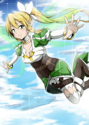Rule 34 | 10s, 1girl, blonde hair, blush, boots, breasts, cleavage, collarbone, flying, green eyes, highres, leafa, leg up, long hair, outstretched arms, ponytail, sky, smile, solo, sword art online, tjk, wings, yopparai oni