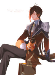 Rule 34 | 1boy, animal, animal on lap, antenna hair, black pants, brown hair, brown vest, closed mouth, coattails, collared shirt, commentary, crossed legs, earrings, expressionless, eyeliner, formal, fox, genshin impact, gradient hair, hair between eyes, highres, jewelry, kanemei, long hair, long sleeves, looking to the side, low ponytail, makeup, male focus, multicolored hair, on lap, orange eyes, orange hair, pants, petting, ponytail, red eyeliner, red mask, shirt, sidelocks, simple background, single earring, sitting, solo, tassel, tassel earrings, thumb ring, twitter username, vest, white background, wing collar, zhongli (genshin impact)