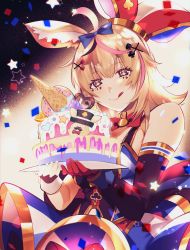 Rule 34 | 1girl, absurdres, animal ears, blonde hair, bow, bowtie, cake, confetti, dress, food, fox ears, gloves, hair ornament, hairclip, hat, heart, heart-shaped pupils, highres, hololive, jester cap, licking lips, mayana (bbpp), omaru polka, omaru polka (1st costume), purple eyes, single glove, solo, star (symbol), symbol-shaped pupils, tongue, tongue out, virtual youtuber
