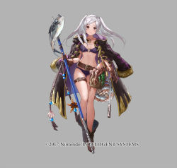 Rule 34 | 1girl, bikini, breasts, cape, fire emblem, fire emblem awakening, fire emblem heroes, fish, gloves, hood, long hair, looking at viewer, mayo (becky2006), navel, nintendo, polearm, robin (female) (fire emblem), robin (fire emblem), smile, solo, spear, swimsuit, twintails, weapon, white hair