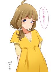 Rule 34 | 1girl, ahoge, alternate hairstyle, arms behind back, blue eyes, brown hair, collarbone, commentary request, dated, dress, flat chest, idolmaster, idolmaster million live!, light blush, long sleeves, looking at viewer, medium hair, nnsinobu, parted lips, side ponytail, sidelocks, signature, solo, speech bubble, suou momoko, translation request, wavy hair, white background, yellow dress