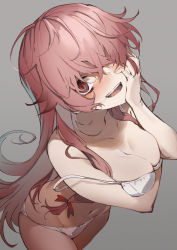 Rule 34 | 1girl, amagasa yun, bare arms, bare shoulders, bra, breasts, cleavage, collarbone, commentary request, from above, gasai yuno, grey background, hair over one eye, highres, long hair, looking at viewer, mirai nikki, navel, panties, pink eyes, pink hair, red eyes, simple background, smile, solo, teeth, underwear, underwear only, upper teeth only, white bra, white panties