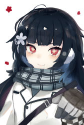 Rule 34 | 1girl, ahoge, black hair, blue hair, blunt bangs, buckle, coat, earmuffs, flower, girls&#039; frontline, gloves, hair flower, hair ornament, highres, kilabo, long hair, looking at viewer, multicolored clothes, multicolored gloves, multicolored hair, plaid, plaid scarf, red eyes, scarf, sidelocks, smile, solo, strap, streaked hair, symbol-shaped pupils, two-tone hair, type 100 (girls&#039; frontline), type 100 (treasure buried deep within) (girls&#039; frontline), upper body, white background, white coat, white flower