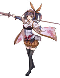 Rule 34 | 1girl, armor, black thighhighs, bloomers, blunt bangs, bow, breasts, brown bow, brown eyes, brown hair, brown hairband, commentary request, floral print, full body, hair bow, hairband, highres, holding, holding polearm, holding weapon, japanese armor, japanese clothes, kimono, kusazuri, looking at viewer, lord of vermilion iii, medium breasts, medium hair, naginata, no shoes, open mouth, orange bloomers, polearm, red bow, shimotsuki nozomi, side ponytail, simple background, solo, standing, thighhighs, tomoe gozen, weapon, white background, white kimono