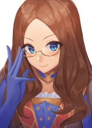 Rule 34 | 1girl, adjusting eyewear, blue eyes, blue gloves, brown hair, commentary request, detached collar, fate/grand order, fate (series), gloves, highres, leonardo da vinci (fate), looking at viewer, parted bangs, ranma (kamenrideroz), semi-rimless eyewear, simple background, smile, solo, star (symbol), white background, yellow-framed eyewear