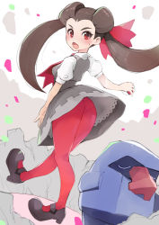 Rule 34 | 1girl, ass, bana (stand flower), black footwear, blush, brown hair, creatures (company), dress, game freak, gen 3 pokemon, grey dress, gym leader, hair pulled back, highres, holding, holding poke ball, legs, long hair, looking at viewer, looking back, nintendo, nosepass, outdoors, pantyhose, pink pantyhose, poke ball, poke ball (basic), pokemon, pokemon (creature), pokemon oras, red eyes, roxanne (pokemon), shoes, short sleeves, simple background, standing, thighs, twintails, wide hips