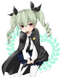 Rule 34 | 1girl, anchovy (girls und panzer), anzio school uniform, belt, black belt, black cape, black necktie, black ribbon, black skirt, blush, brown eyes, cape, cape hold, chocolate, closed mouth, commentary, dress shirt, drill hair, food in mouth, frown, girls und panzer, green hair, hair ribbon, leaning forward, long hair, long sleeves, looking at viewer, miniskirt, mouth hold, necktie, pantyhose, pleated skirt, ribbon, school uniform, shirt, skirt, solo, standing, twin drills, twintails, twitter username, valentine, white background, white pantyhose, white shirt, wing collar, yuichimisiroool