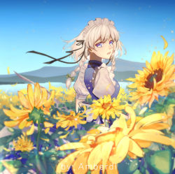 Rule 34 | 1girl, amberdl, apron, artist name, black ribbon, blue dress, blue eyes, bow, braid, day, dress, field, flower, flower field, green bow, hair bow, hair ribbon, izayoi sakuya, looking at viewer, looking back, maid apron, maid headdress, mountainous horizon, outdoors, parted lips, petals, puffy short sleeves, puffy sleeves, ribbon, sash, short hair, short sleeves, sky, solo, sunflower, sunflower field, touhou, twin braids, upper body, water, white bow, white hair, white sash, wind, yellow flower