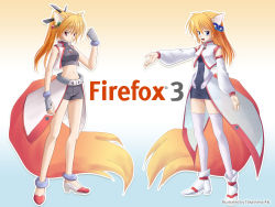 Rule 34 | 2girls, animal ears, blue eyes, breasts, detached sleeves, fingerless gloves, firefox3, fox ears, fox tail, gloves, highres, midriff, mozilla firefox, multiple girls, navel, open mouth, orange hair, os-tan, red eyes, shorts, smile, tail, thighhighs, white legwear