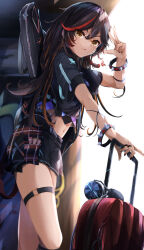 Rule 34 | 1girl, :q, alternate costume, arm strap, arm up, backlighting, black hair, black nails, black shirt, black shorts, blurry, blurry background, bracelet, brown eyes, brown hair, chinese commentary, commentary, contemporary, crop top, crossed bangs, from side, genshin impact, guitar case, instrument case, instrument on back, jewelry, leg up, long hair, looking at viewer, multicolored hair, multiple rings, nagominagon, nail polish, navel, red hair, ring, shirt, short shorts, short sleeves, shorts, solo, spiked bracelet, spikes, standing, standing on one leg, streaked hair, suitcase, thigh strap, thighs, tongue, tongue out, w, xinyan (genshin impact)