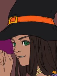 Rule 34 | 1girl, arc the lad, arc the lad ii, bindi, brown hair, commentary, dark-skinned female, dark skin, green eyes, halloween, hat, jewelry, long hair, looking at viewer, magmastudio, sania (arc the lad), simple background, smile, solo, witch hat