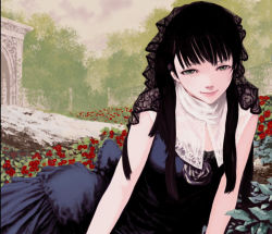 Rule 34 | 1girl, arm support, black hair, dress, flower, flower request, goth fashion, green eyes, hair ribbon, long hair, looking at viewer, original, reclining, ribbon, smile, solo, very long hair