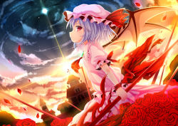 1girl bat_wings blue_hair clock cloud cross dress female_focus flower gamuo hat hat_ribbon polearm profile red_eyes remilia_scarlet ribbon rose short_hair solo spear_the_gungnir sun touhou weapon wings