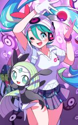Rule 34 | 1girl, ;d, absurdres, blush, bracelet, collared shirt, creatures (company), eyelashes, game freak, gen 2 pokemon, gen 5 pokemon, gloves, green eyes, green hair, hair between eyes, hatsune miku, highres, jewelry, legendary pokemon, long hair, meloetta, mythical pokemon, nintendo, one eye closed, open mouth, poke ball, poke ball (basic), pokemon, pokemon (creature), pon yui, project voltage, psychic miku (project voltage), purple background, shirt, short sleeves, skirt, smile, tongue, twintails, unown, vocaloid, white gloves, white shirt