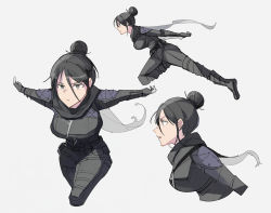 Rule 34 | 1girl, animification, apex legends, belt, black belt, black bodysuit, black gloves, bodysuit, breasts, expressionless, from side, gloves, hair behind ear, hair bun, highres, medium breasts, multiple views, naruto run, nose piercing, open hands, open mouth, piercing, profile, single hair bun, stack (sack b7), wraith (apex legends)