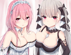 Rule 34 | 2girls, :o, azur lane, bare shoulders, between breasts, black dress, black ribbon, breast press, breasts, cleavage, closed mouth, collarbone, detached collar, dress, earrings, eyes visible through hair, formidable (azur lane), hair between eyes, hair ornament, headband, jewelry, key, key necklace, large breasts, long hair, looking at viewer, maid headdress, multiple girls, necklace, necktie, necktie between breasts, open mouth, perseus (azur lane), pink eyes, pink hair, red eyes, ribbon, shiny skin, silver hair, simple background, strapless, strapless dress, symmetrical docking, twintails, umou (may65879), white dress
