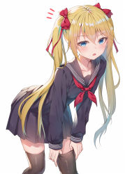 Rule 34 | 1girl, alexmaster, black sailor collar, black serafuku, black skirt, black thighhighs, blonde hair, blue eyes, bow, collarbone, commentary request, fang, hair bow, highres, leaning forward, long hair, long sleeves, looking at viewer, miniskirt, neckerchief, notice lines, open mouth, original, pleated skirt, red bow, sailor collar, school uniform, serafuku, sidelocks, simple background, skindentation, skirt, solo, thighhighs, twintails, very long hair, white background, zettai ryouiki