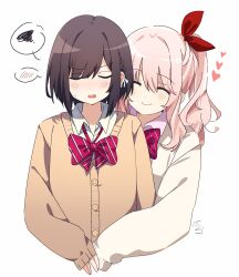 Rule 34 | 1girl, 1other, akiyama mizuki, blush, bow, bowtie, braid, brown hair, cardigan, closed eyes, closed mouth, collared shirt, commentary, cropped torso, hair bow, hair ornament, heart, highres, hug, kamiyama high school uniform (project sekai), long hair, long sleeves, one eye closed, open mouth, oz sumire, pink hair, project sekai, school uniform, shinonome ena, shirt, short hair, side ponytail, smile, spoken blush, spoken squiggle, squiggle, striped bow, striped bowtie, striped clothes