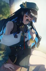 Rule 34 | 1girl, bare shoulders, beret, black hair, black shorts, blue hair, blunt bangs, bracelet, colored inner hair, fate/grand order, fate (series), green hat, hat, highres, jewelry, long hair, looking at viewer, multicolored hair, round eyewear, shorts, sitting, solo, sunglasses, tenochtitlan (fate), tenochtitlan (second ascension) (fate), teria (teriarian), thighs, wavy hair