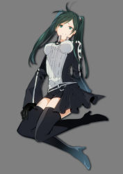 Rule 34 | 1girl, bad id, bad pixiv id, black footwear, black gloves, black order uniform, black shorts, boots, breasts, covered erect nipples, d.gray-man, full body, gloves, green eyes, green hair, grey background, high heel boots, high heels, highres, kayano (pixiv1911442), lenalee lee, long hair, long sleeves, looking at viewer, medium breasts, short shorts, shorts, simple background, solo, swept bangs, thigh boots, thighhighs, twintails, uniform, zettai ryouiki