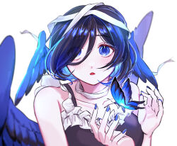 Rule 34 | 1girl, bare shoulders, black camisole, black hair, blue eyes, blue nails, blush, bug, butterfly, camisole, collarbone, commentary request, eyes visible through hair, frilled camisole, frills, hair between eyes, hair over one eye, head wings, insect, korean commentary, looking at viewer, mixed-language commentary, nail polish, open mouth, original, rounizm, short hair, simple background, solo, upper body, white background, wings