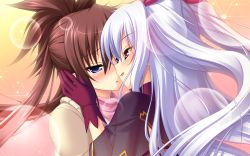 Rule 34 | 2girls, blue eyes, blush, brown hair, chu x chu! on the move, chu x chu idol, eye contact, female focus, game cg, gloves, grey hair, hand on another&#039;s face, highres, imminent kiss, long hair, looking at another, multiple girls, naughty face, pink eyes, smile, very long hair, yuri