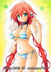 Rule 34 | 1girl, :o, angel wings, bikini, blush, breasts, chain, collar, covered erect nipples, green eyes, ikaros, large breasts, long hair, looking at viewer, nightmare77zx, red hair, side-tie bikini bottom, solo, sora no otoshimono, strap gap, striped bikini, striped clothes, swimsuit, twintails, wings